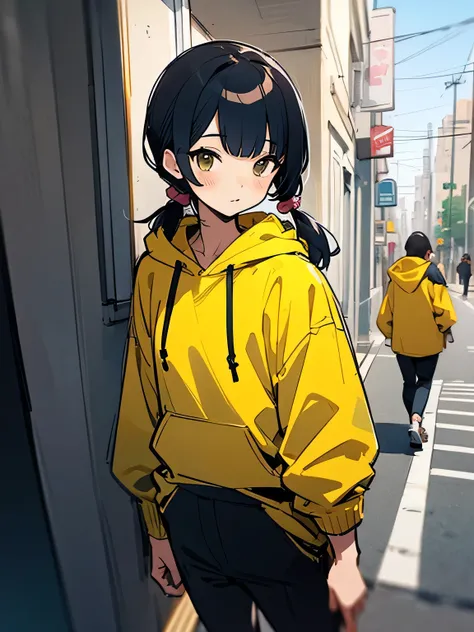 Alone,upperbody,black pigtail,Yellow hoodie、black micro mini pants、Shoes、club activities、On the way home、the way、Residential Street、(manga style),(sketch),(illustration),