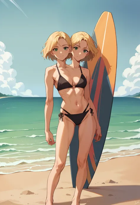 anime, (masterpiece, best quality), best resolution, two heads, 1girl, blond hair, green eyes, black bikini, standing beside a surfboard, beach