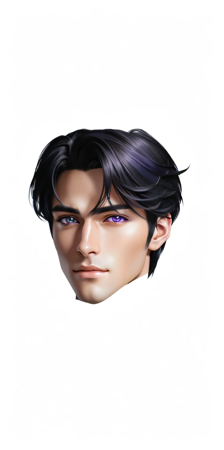 a close up of a person with a black hair and purple eyes, handsome stunning realistic, with glowing purple eyes, high detailed face anime, handsome detailed face, anime portrait of a handsome man, human realistic face, realistic anime face, stunning anime ...