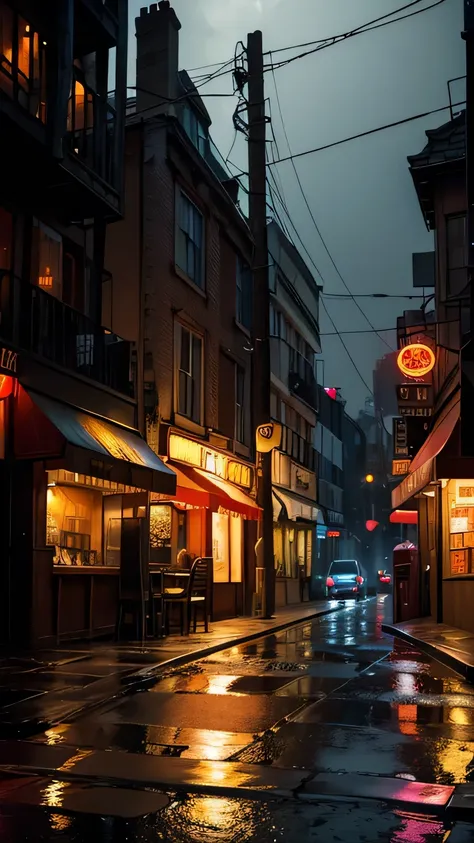 A cozy jazz club on a street corner on a rainy night. The neon sign glows warmly in shades of orange and red. A large window on the exterior reveals the dimly lit interior of the bar. Glasses hang over the counter and a shelf of bottles can be seen. Outsid...