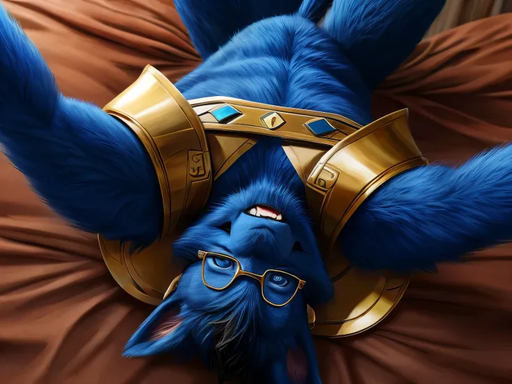 realistic image of the X-Men Beast, super giant, blue colored eyes, one tail, super furry blue fur, blue fur, wearing glasses, wearing yellow and black medieval armor, lying on bed, upside down, smiling, seductive look, face focus, face pov