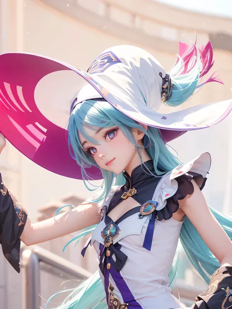 A girl with realistic blue long hair, exactly the same realistic hairstyle, realistic Korean beautiful face,Realistic thin smiling expression, realistic bright purple eyes, exactly realistic hat,Adapt clothes exactly the same,Realistic light, realistic sha...