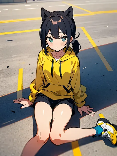 from front above:1.3,Alone,(blown away+sitting+falling down+arm support+wincing+suprise),black pigtail,Yellow hoodie、black micro mini short pants、Shoes、club activities、On the way home、the way、Residential Street、(manga style),(sketch),(illustration),