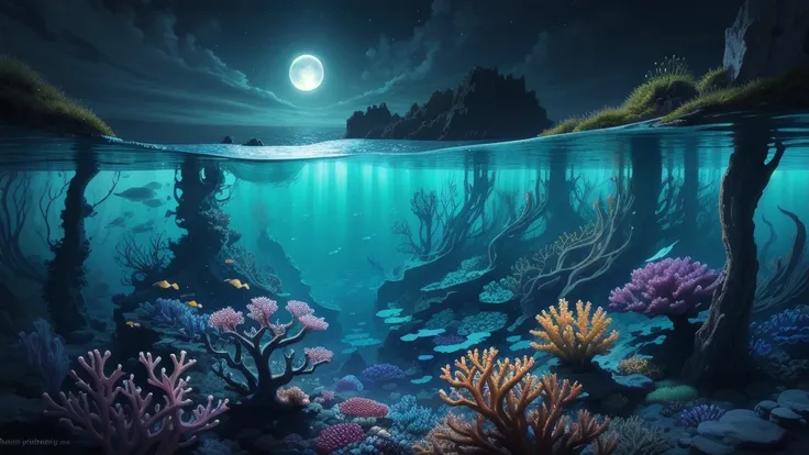 masterpiece, best quality, absuredres,  atlantisworld, underwater, kelp forest filled with glowing plants, coral, seashell, kelp, blue bioluminescence, moonlight, night, volumetric lighting, cut stone, smooth,