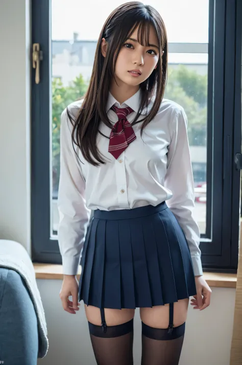 One woman、(Ultra-realistic), (Illustration), (High resolution), (8k), (Very detailed), (Best Illustration),(Original photo, Best Quality), Black Hair, Long Hair, Straight hair, Cover one eye, ribbon, Dark blue eyes, Long eyelashes, Large Breasts, School Un...