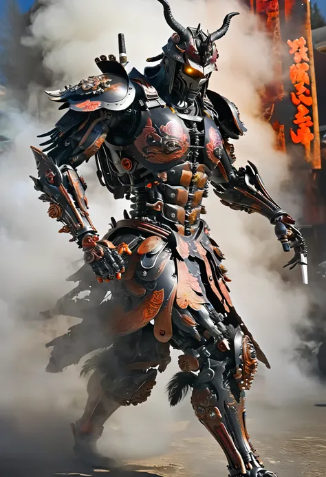 cyborg samurai like creature in action and unleashing an attack against enemies, fw murano style, plumes of jet black plumes smokes, vibrant colour blast, incredibly detailed, dark, key visuals, atmospheric, highly realistic, high detail texture, ray traci...