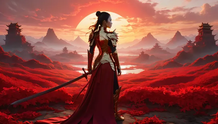 Masterpiece, 8k uh, details, fantasy art. In the middle of a vast battlefield filled with the s of many fallen brave soldiers., The setting sun casts a glowing crimson hue., Weaving a contrasting tapestry of hopelessness and hope.. Against this backdrop, C...