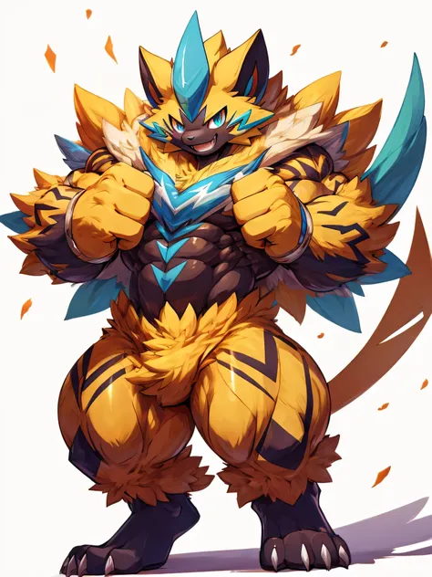 4k ultra quality, 4k full body view,masterpiece quality, Giant Zeraora pokemon, male focus, bewitching smile, looking at viewer, high stature, heavy weight massive extremely giant body, wide pectoral muscles, thick tighs, big ass, very fluffy fur, glossy s...