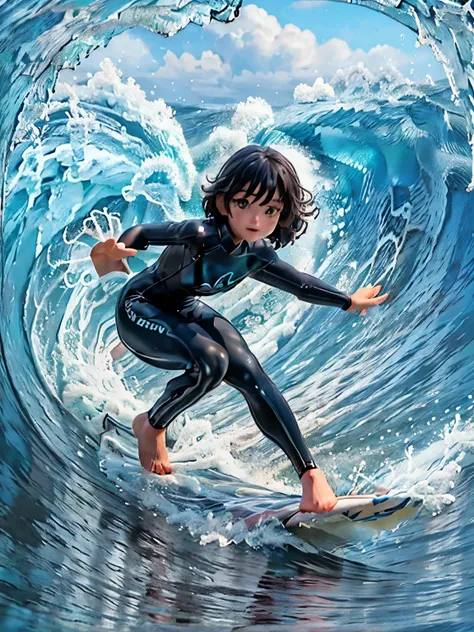 female surfer riding a wave in the ocean early in the morning、short hair、sexy wetsuit、surfing、 (riding a surfboard:1.2)、 big wav...