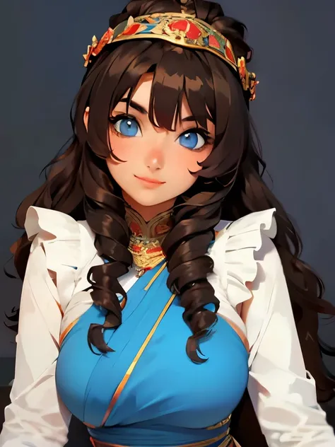 A woman, ancient roma style clothes, long curly dark-brown hair, dark skin. Beautiful detailed blue eyes, soft smile, anime style