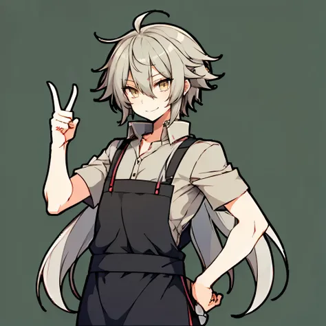 gray hair　male　looking at the camera　a fearless smile　cafe staff uniform,smile、raise the index finger on one hand,male tall 　、ye...