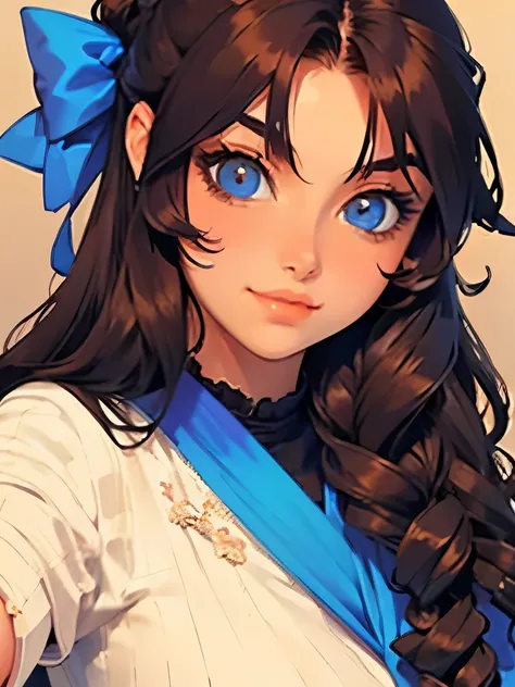 A woman, ancient roma style clothes, long curly dark-brown hair, dark skin. Beautiful detailed blue eyes, soft smile, anime style