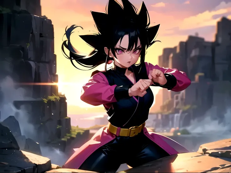 1 girl, saiyan, pink eyes, black and purple gi, red belt, long spiky hair, martial artist, cliffside background