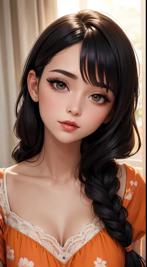 Amazing portrait of a woman who is 30 years old and an adult and a sexy woman in a bedroom with a beautiful detailed face emphasised by some amazing makeup wearing an orange maxi dress with floral patterns and a square neckline that emphasizes her medium c...