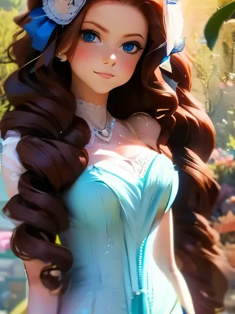 A woman, ancient roma style clothes, long curly dark-brown hair, dark skin. Beautiful detailed blue eyes, soft smile, anime style