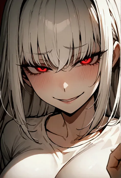 (masterpiece:1.2, The best quality), 1 woman, top del cuerpo, fitted shirt, casual, big breasts, white hair, Minimalist makeup,pale,natural fabrics, close up of face, evil smile, bright red eyes circular pupils,8k high resolution, detailed lines, ((top)),g...