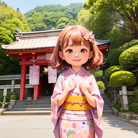 photoRealstic、Japan shrine in the background、３Year old girl、Wearing a kimono to celebrate Shichi-Go-San、Traditional events of Japan、Smile, kawaii pose 、 ultradetailed eyes、Full Paint、Floral hair ornament、butterfly hair ornament、on my right hand, I have a b...