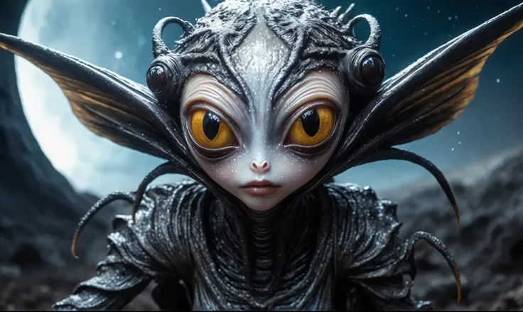 pretty face,eyebrow up,full body length,hei hei, niobium fairy,full body length shot,graphite The Alien Entity, babychild, after war,full body shot,The iris looks weird, attractive, The stars in space is reflected in the pupil, goose down eyelashes, long w...