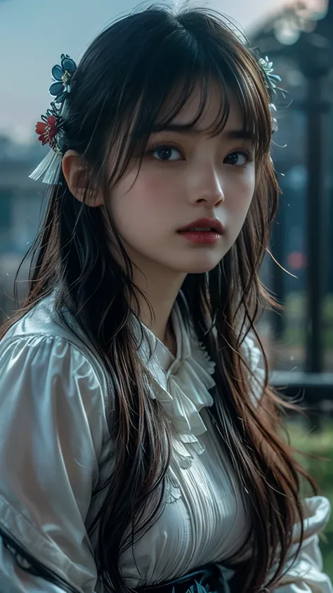 (8k, RAW photo:1.2),best quality, ultra high res,dramatic angle,(fluttered detailed color splashs,(((1 girl))),(long hair),(rain:0.9),(hair ornament:1.4),there is an ancient palace beside the girl,chinese clothes,(focus on), (sketch:0.8), Masterpiece,best ...