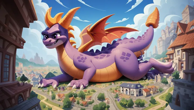 Duo, (Macro Feral female Spyro, judy hopps, police uniform ((HUGE tail, THICK tail bottom)), long tail, wide hips, thighs, back, lying on side), ((ant view)), looking at viewer, break, giant kraken rising from sea with huge and thick tentacles, on a city,