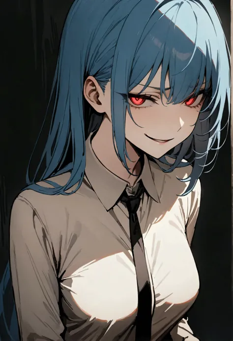 (masterpiece:1.2, The best quality), 1 woman, top del cuerpo, Long sleeve shirt, black tie, casual, medium breasts, blue hair, Minimalist makeup,pale,natural fabrics, close up of face, evil smile, bright red eyes circular pupils,8k high resolution, detaile...