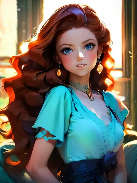 A woman, ancient roma style clothes, long curly dark-brown hair, dark skin. Beautiful detailed blue eyes, soft smile, anime style