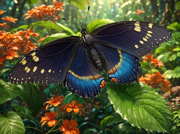 未来的な幻想的なbutterfly，SF Butterfly，未来的なbutterfly機械的なbutterfly，Futuristic Jungle Background，First Job，（Highly detailed 8K integrated CG wallpaper），（Best Quality），（Best Best Illustration），（Best shade），The background is forest themed，Natural elementsを含む，Flowers a...