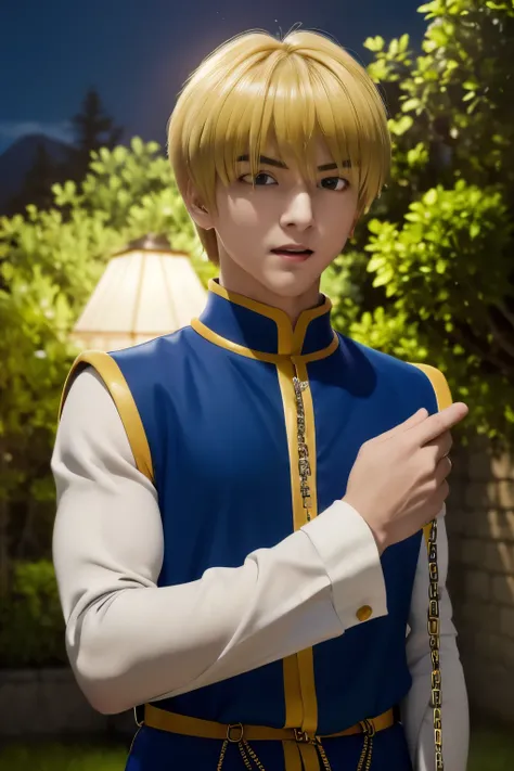 1boy, masterpiece, realistic, absurdres, best quality, high resolution, Kurapika, japanese boy, very handsome, perfect face, cute face, intricate detail, clear and beautiful detailed eyes, messy blonde short hair, shiny hair, bangs, blue tabard, white shir...