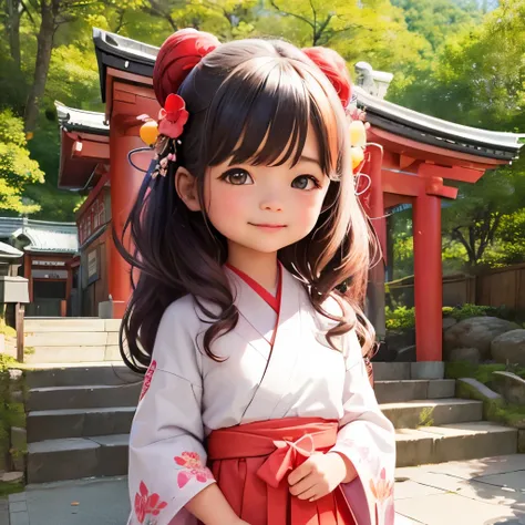 photoRealstic、Japan shrine in the background、３Year old girl、Wearing a shrine maiden costume、Smile, kawaii pose 、 ultradetailed eyes、Full Paint、Floral hair ornament、butterfly hair ornament、Flowers in the foreground