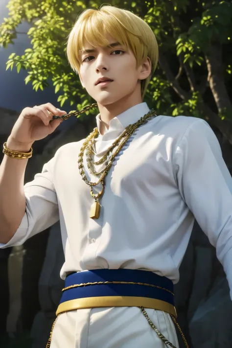 1boy, masterpiece, realistic, absurdres, best quality, high resolution, Kurapika, japanese boy, very handsome, perfect face, cute face, intricate detail, clear and beautiful detailed eyes, messy blonde short hair, shiny hair, bangs, blue tabard, white shir...