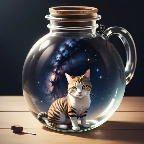 The universe in a jar with a cat looking at it
