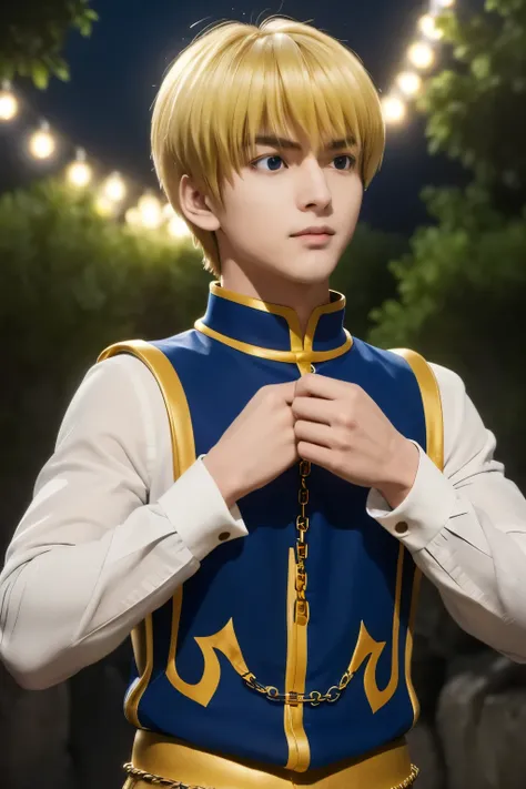 1boy, masterpiece, realistic, absurdres, best quality, high resolution, Kurapika, japanese boy, very handsome, perfect face, cute face, intricate detail, clear and beautiful detailed eyes, messy blonde short hair, shiny hair, bangs, blue tabard, white shir...