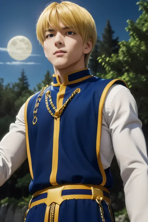 1boy, masterpiece, realistic, absurdres, best quality, high resolution, Kurapika, japanese boy, very handsome, perfect face, cute face, intricate detail, clear and beautiful detailed eyes, messy blonde short hair, shiny hair, bangs, blue tabard, white shir...