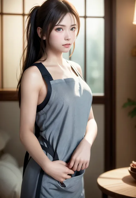 8K, of the highest quality, masutepiece:1.2), (Realistic, Photorealsitic:1.37), of the highest quality, masutepiece, Beautiful young woman, Pensive expression, Gentle eyes, Apron naked、Lovers、Hair tied back, Messy mood, Cinematic background,  Light skin to...