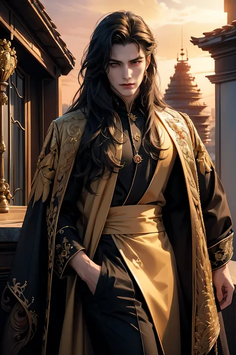 (Best quality)), ((masterpiece)), (detailed), ((perfect face)), ((halfbody)) perfect proporcions, He is a handsome vampire, 1, he is sexy, long hair, badass, He has his back to the camera, he is on top of a building, sunset sky, ((perfect face)), full body...