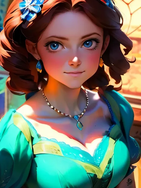 A woman, ancient roma style clothes, long curly dark-brown hair, dark skin. Beautiful detailed blue eyes, soft smile, anime style