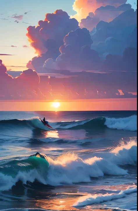 arafed clouds over the ocean at sunset with a surfer in the foreground, gorgeous clouds, beautiful ocean, clouds and waves, beautiful dreamy breathtaking, incredibly beautiful, cotton candy clouds, breathtaking clouds, breath taking beautiful, stunning sky...