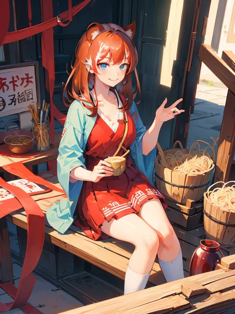 1girl, Masterpiece, Best quality, amazing beauty, [[3D]], 4K, absurdres, (KATANA :1.2), finely detail, super detailed eye, super detailed hand, perfect anatomy, official art, tanuki ears, medium hair, (wahuku:1.3),(Crimson hair:1.5), blue eyes, Looking at ...