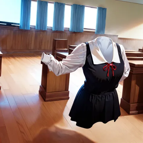 (invisible, no humans, headless, handless, faceless:1.4), (8K, Highest quality, masterpiece:1.2), fujiwara_chika, large breasts, dress, shuuchiin academy school uniform, black dress, collarbone, red ribbon, in classroom, (cute pose), close-up shot of breas...