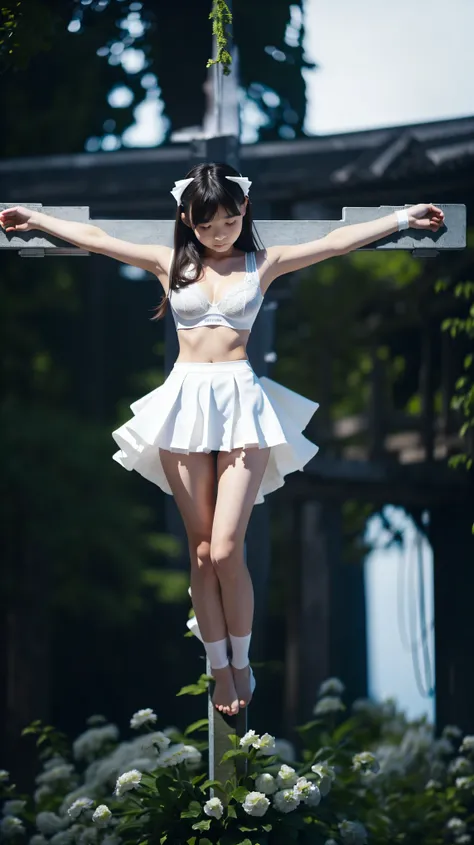 ((Crucifixion)),((Full body portrait:1.5)),detailed genitals,pussy line,large breasts,pigeon toed,(Pure white miniskirt that shows underwear:1.5),(A scared look with teary eyes),(beautiful japanese virgin with a baby face and childlike figure wearing Pure ...