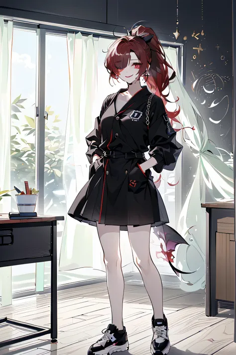 1girl, (Taken from a distance:1.5),(frontal:1.5),(Standing with your back against the wall, Holding a bamboo sword:1.5),(tall figure, school, 검은색 Kendo Club 복장, A very long gi that covers the legs, Kendo Club, Long plain gi, classroom, window, Lots of chai...