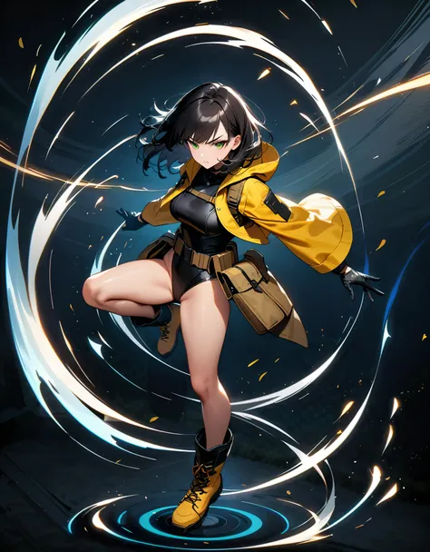 masterpiece, best quality, high res, 8k, 1 girl, solo, solo focus, full body shot, (black hair, medium hair, medium breasts, green eyes), ninja, perfect anatomy, cyberpunk style, ((load-bearing vest, belt, black gloves, (black leotard, yellow hooded jacket...