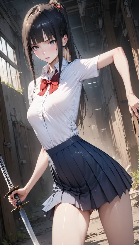 Action Scenes、((masterpiece,Best Quality:1.3,best quality illustrations,realistic)),cowboy shot,portrait,1 woman,adult,Female Swordsman,(ponytail),straight long hair,black hair,very small head,bangs,gray eyes,(gorgeous eyes),long body,medium breasts,(Schoo...