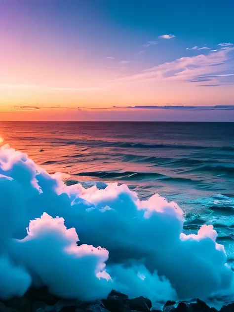 arafed clouds over the ocean at sunset , a photo by Niko Henrichon, unsplash, romanticism, gorgeous clouds, beautiful ocean, clouds and waves, beautiful dreamy breathtaking, incredibly beautiful, cotton candy clouds, breathtaking clouds, breath taking beau...