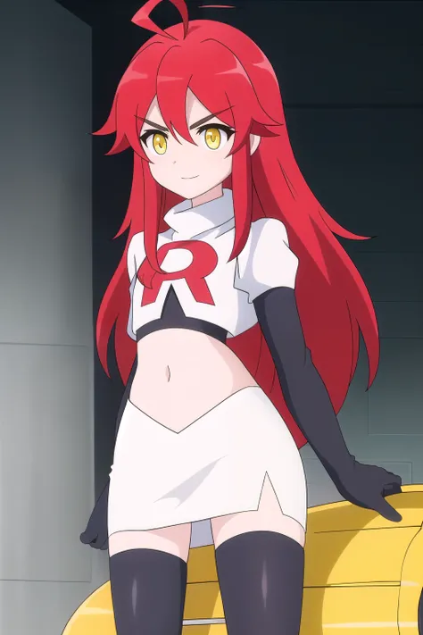 fredmonica, solo, long_hair, bangs, hair_between_eyes, very_long_hair, yellow_eyes, ahoge, sidelocks, red_hair, flat_chest, v-shaped_eyebrows, hair_flaps, team rocket,team rocket uniform,white skirt,red letter R,crop top,black thigh-highs,black elbow glove...