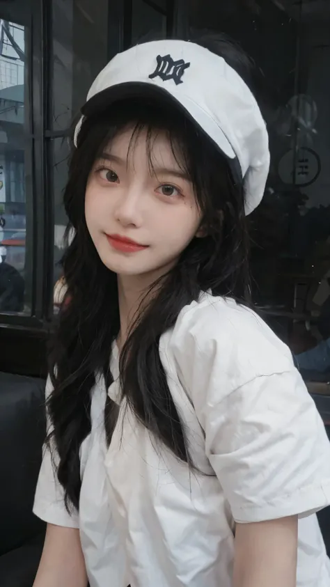 Ultra-clear picture quality，Reality，Full of details，Arav long-haired girl wearing baseball cap and white shirt, Ulzan, Cute Korean face, She has a cute face, 16k selfie photos, 年轻Cute Korean face, Cute- Delicate face, Wearing a cute hat, Young cute Asian f...