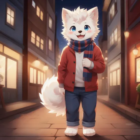 Samoyed, boy, cute, blush, happy face, Blue eyes, red jacket, jeans, scarf, Barefoot, Standing,