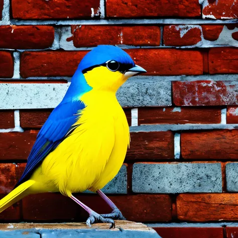 yellow and blue bird sitting in front of a brick wall, cute colorful adorable, with a bright yellow aureola, pet bird, colorful pastel, blue and yellow fauna, vivid colors!, beautiful colorful, colorful bird with a long, vivid colors!!, beautiful black blu...