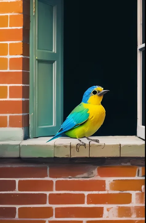 yellow and blue bird sitting  in front of a brick wall, a pastel by Paul Bird, tumblr, synchromism, cute colorful adorable, with a bright yellow aureola, pet bird, colorful pastel, blue and yellow fauna, vivid colors!, beautiful colorful, colorful bird wit...