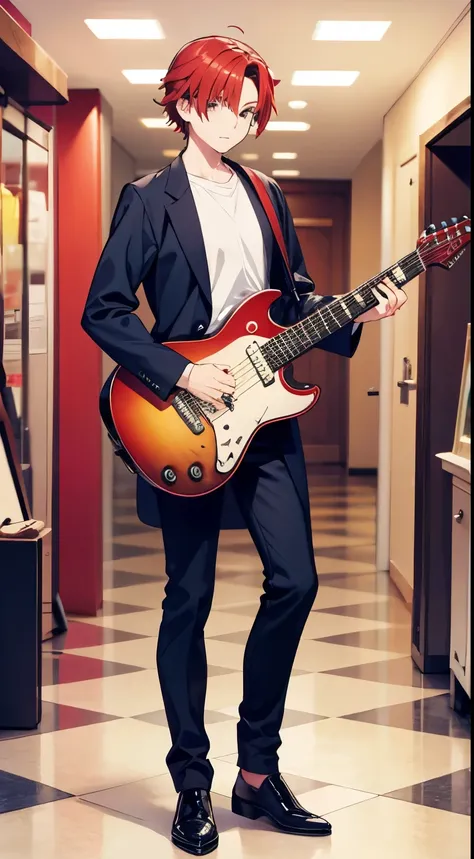 red-haired man standing and playing guitar, full body